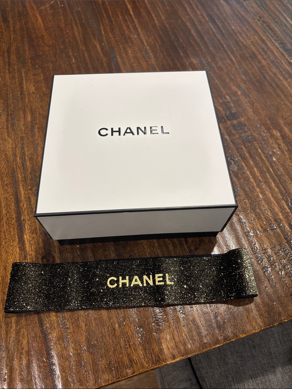 CHANEL Black and White Gift Box  and Glitter Logo Ribbon with Gold Lettering